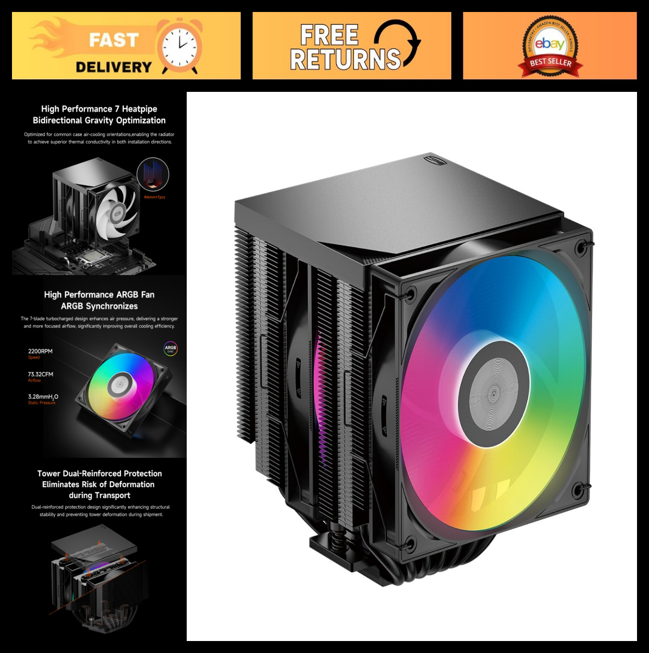High-Performance CPU Air Cooler, Dual-Tower Heatsink, 120mm ARGB Fan, Intel & AM