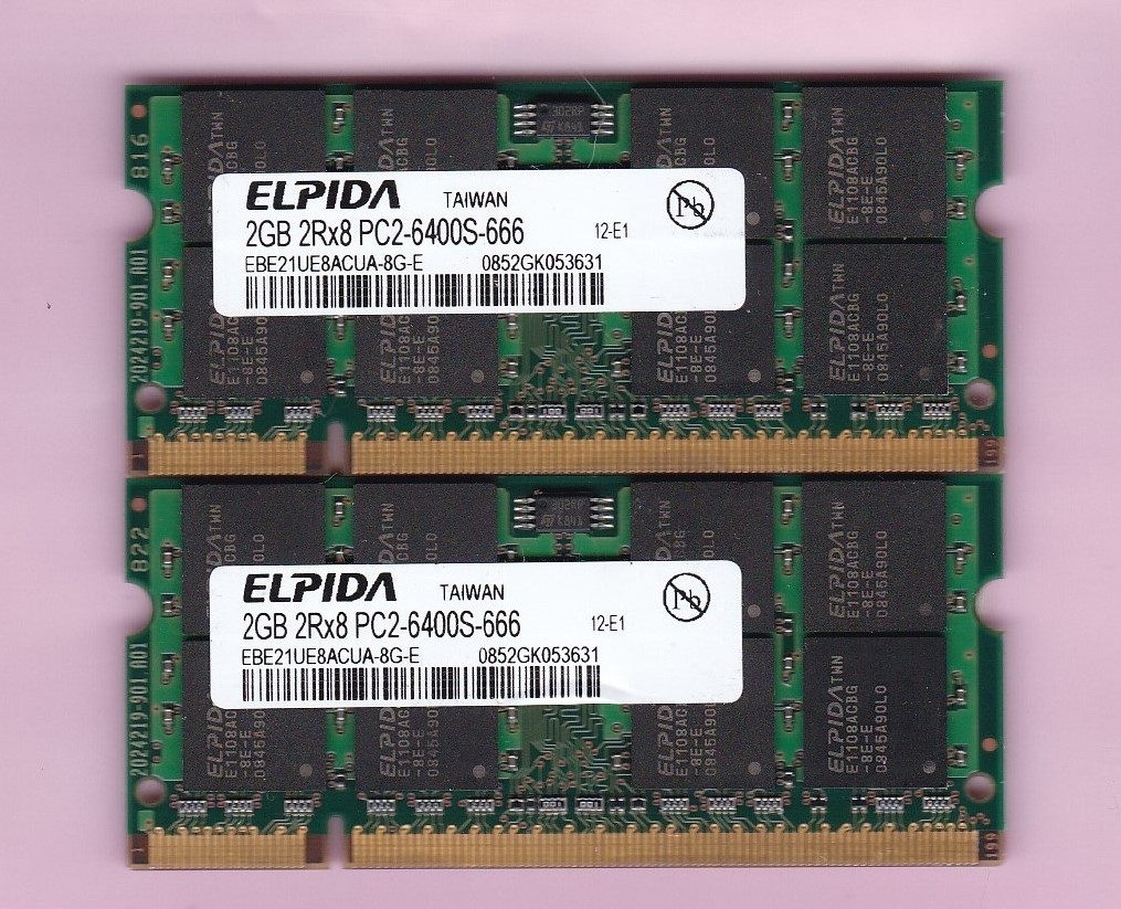 4GB 2x2GB Laptop RAM PC2-6400S DDR2 800 HP 480382-001 Elpida Matched Pair Kit