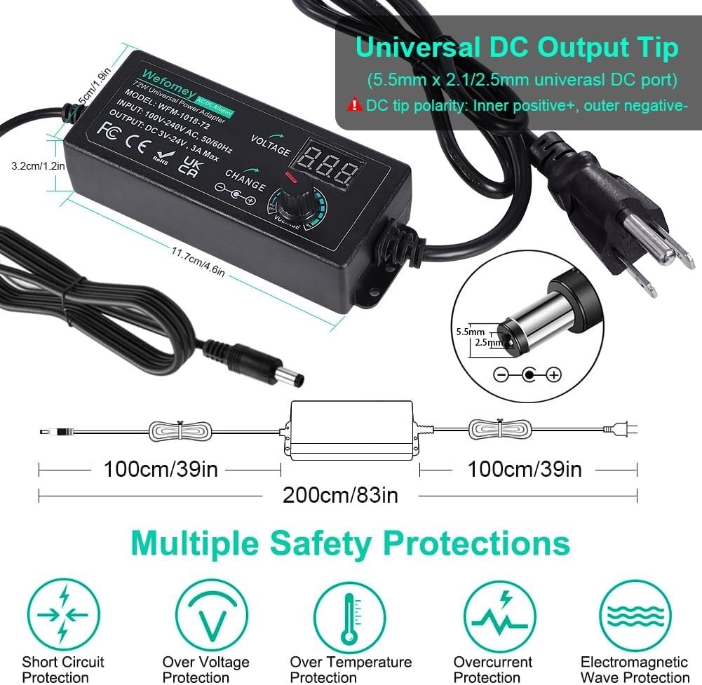 Universal 3-24V 3A Power Supply with Polarity Converter