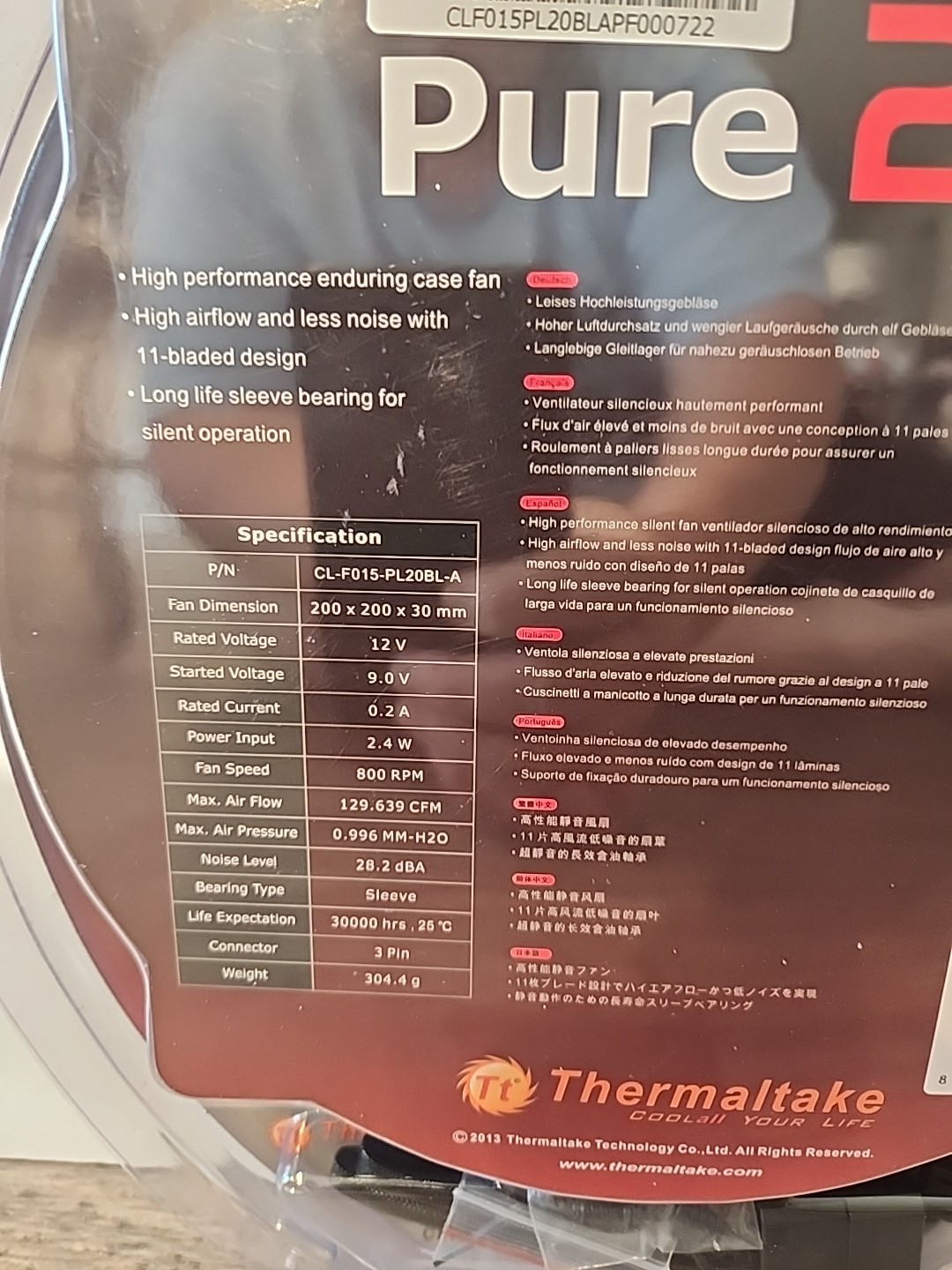Thermaltake Pure 20 Computer Case Fan 200mm Black 800 RPM NEW