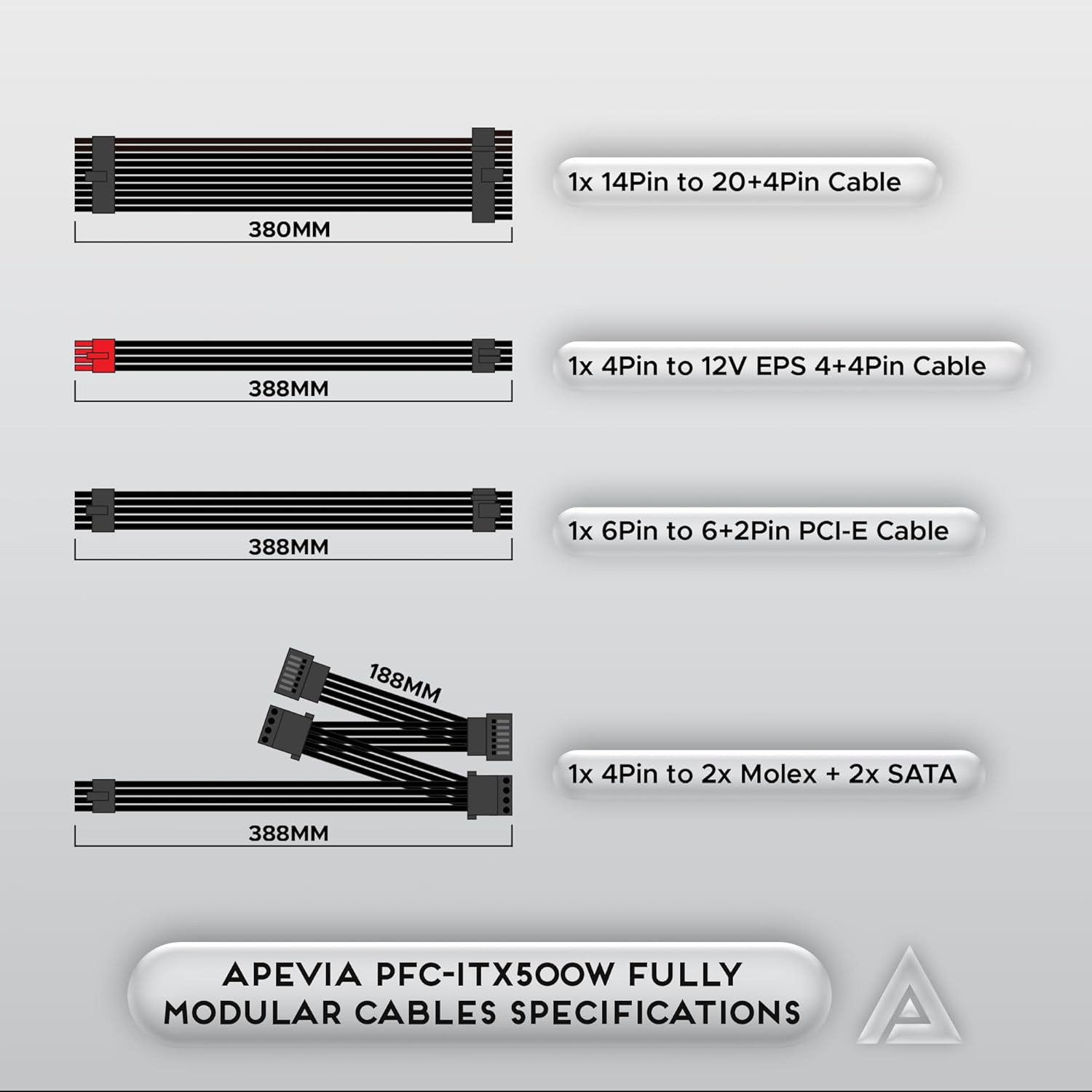 Apevia ITX-PFC500W Mini Itx/Flex ATX / 1U 500W Fully Modular Power Supply, Full