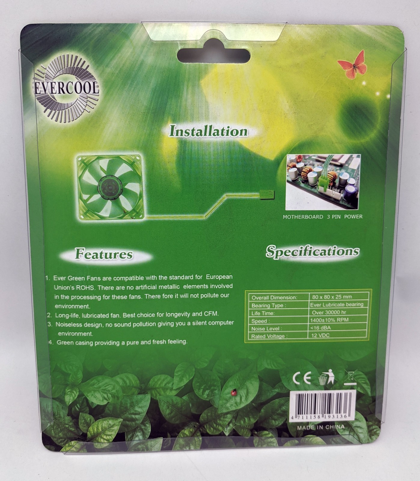 3pack: 16dBA Super Quiet Evercool Ever Green 80mm 3pin PC Case Cooling Fan EGF-8