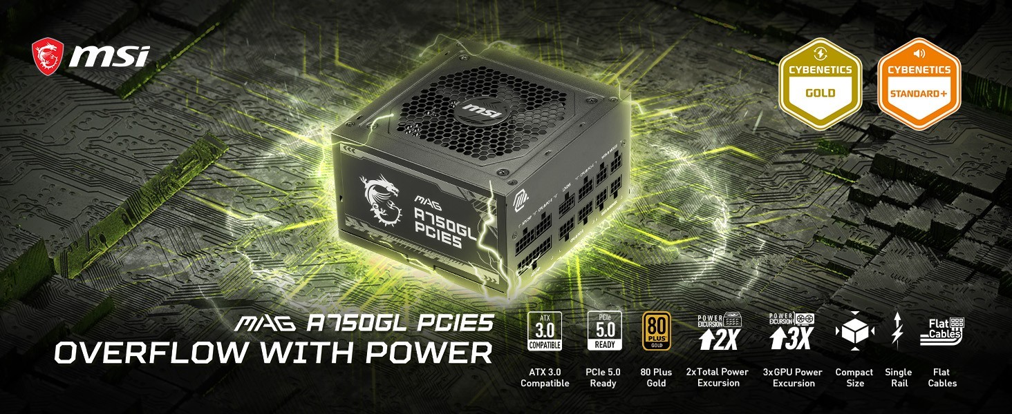 MSI MAG A750GL PCIE 5 750W ATX 3.1 Full Modular 80 Plus Gold Gaming Power Supply