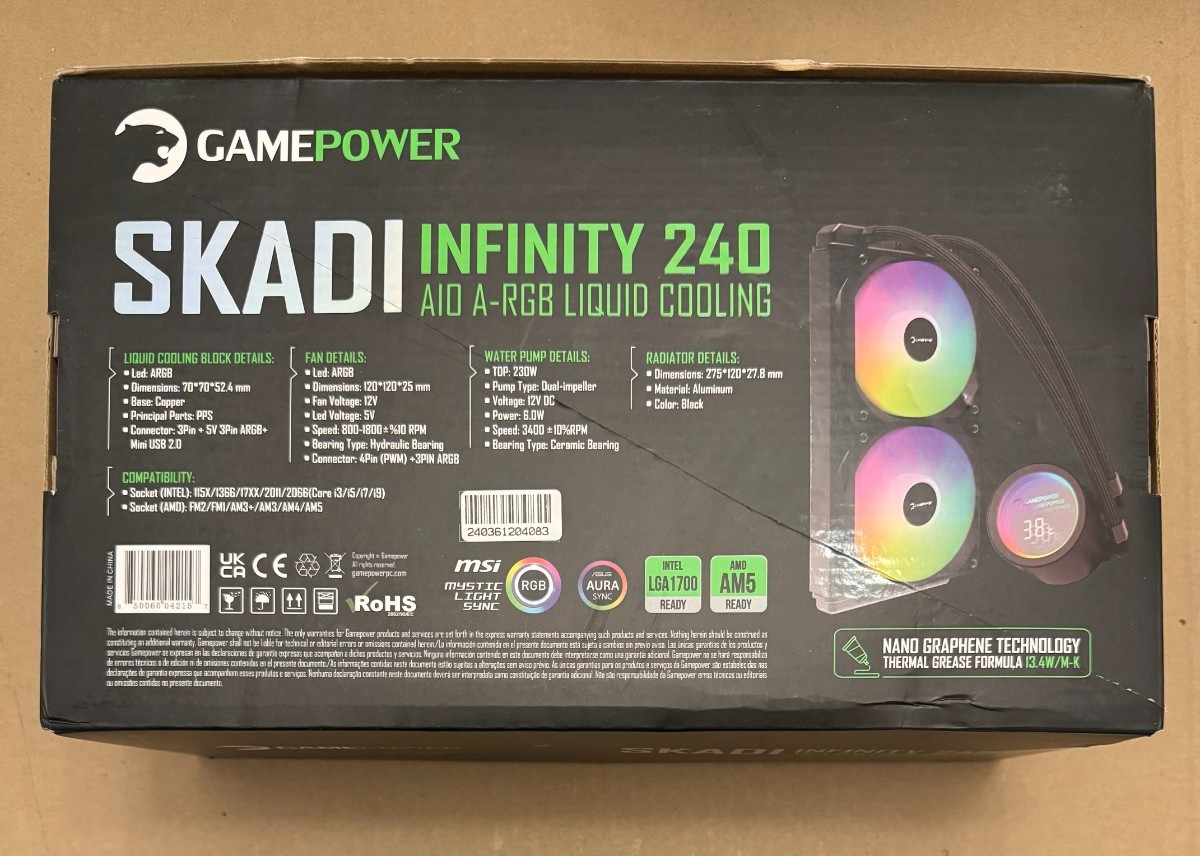 Gamepower Skadi Infinity 240 AIO CPU Liquid Cooler, Pump with Real Time Temp NEW