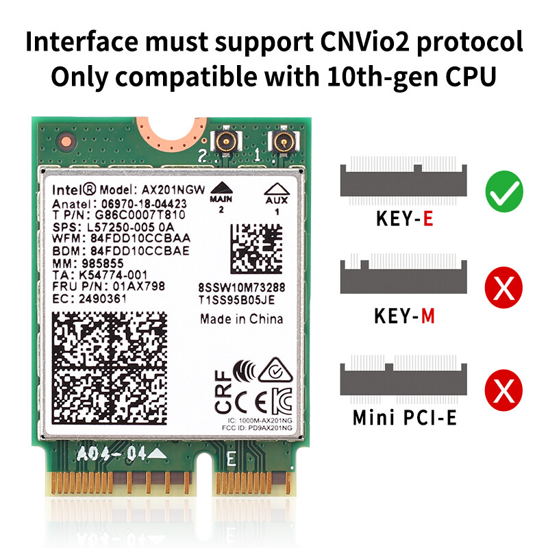 Intel WiFi 6 AX201NGW M.2 Key E Dual Band WiFi Bluetooth Card AX201 Antennas Kit