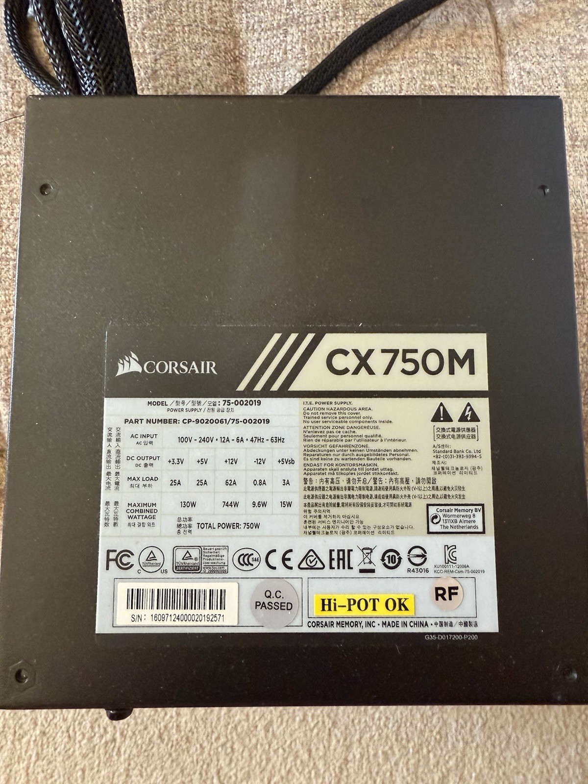 Corsair CX750M 750W Semi-Modular ATX Power Supply – Complete Cables – Tested
