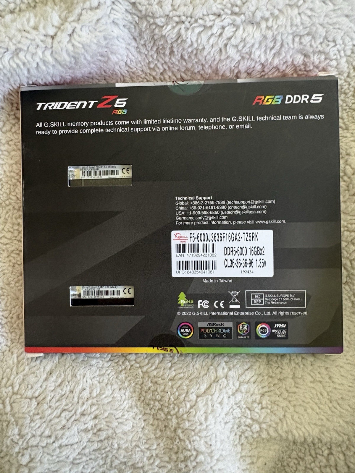 G.SKILL Trident Z5 RGB DDR5-6000 32GB (2x16GB) DIMM Intel XMP Ready
