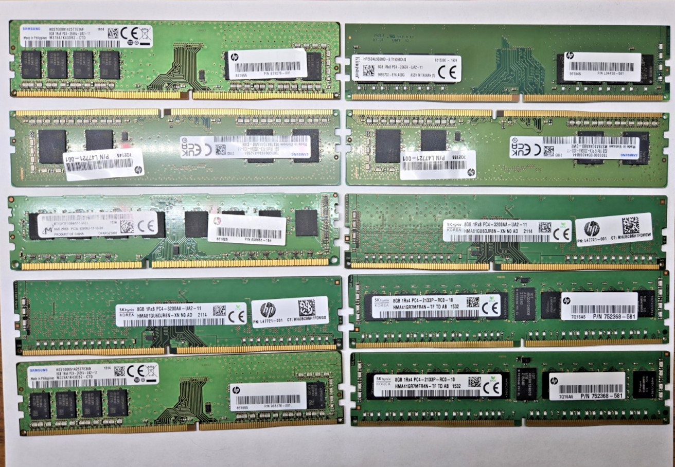 Lot of 10 – 8GB DDR4 Desktop RAM – Mixed Major Brands – 2133P, 2666V, 3200AA