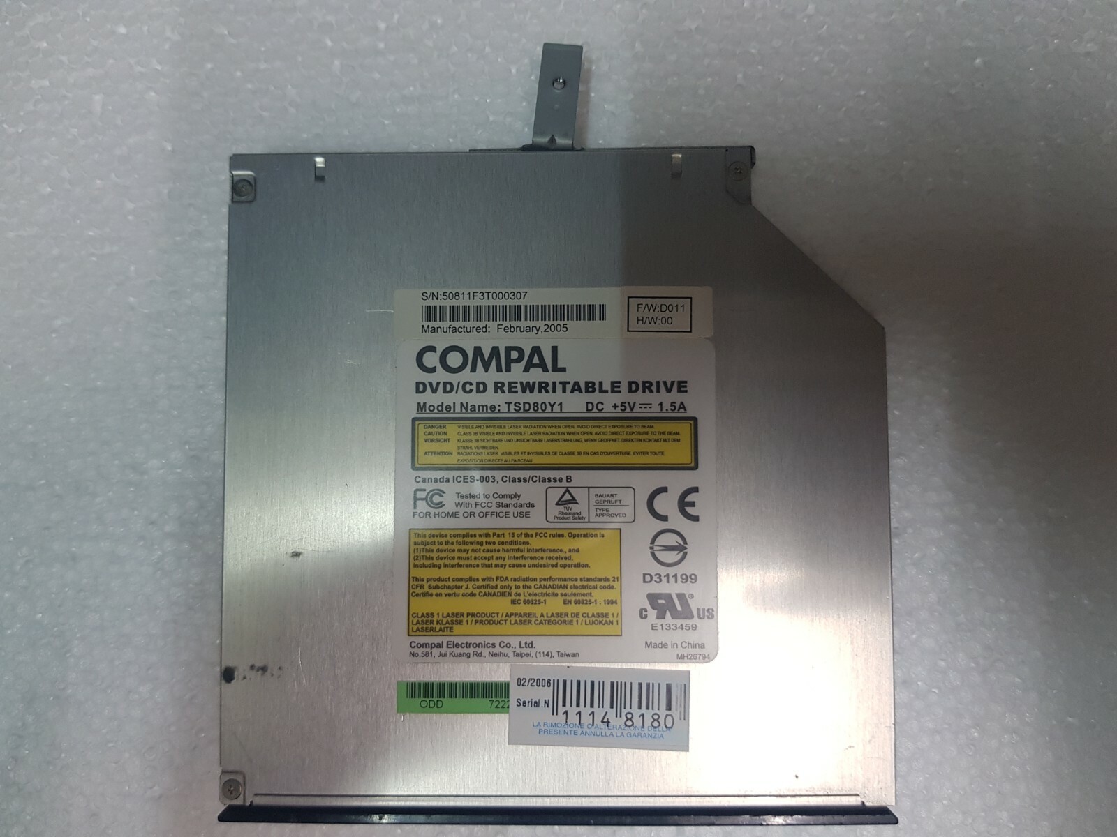 COMPAL DVD/CD Rewritable Drive (Model #TSD80Y1) FOR NOTEBOOK LAPTOP