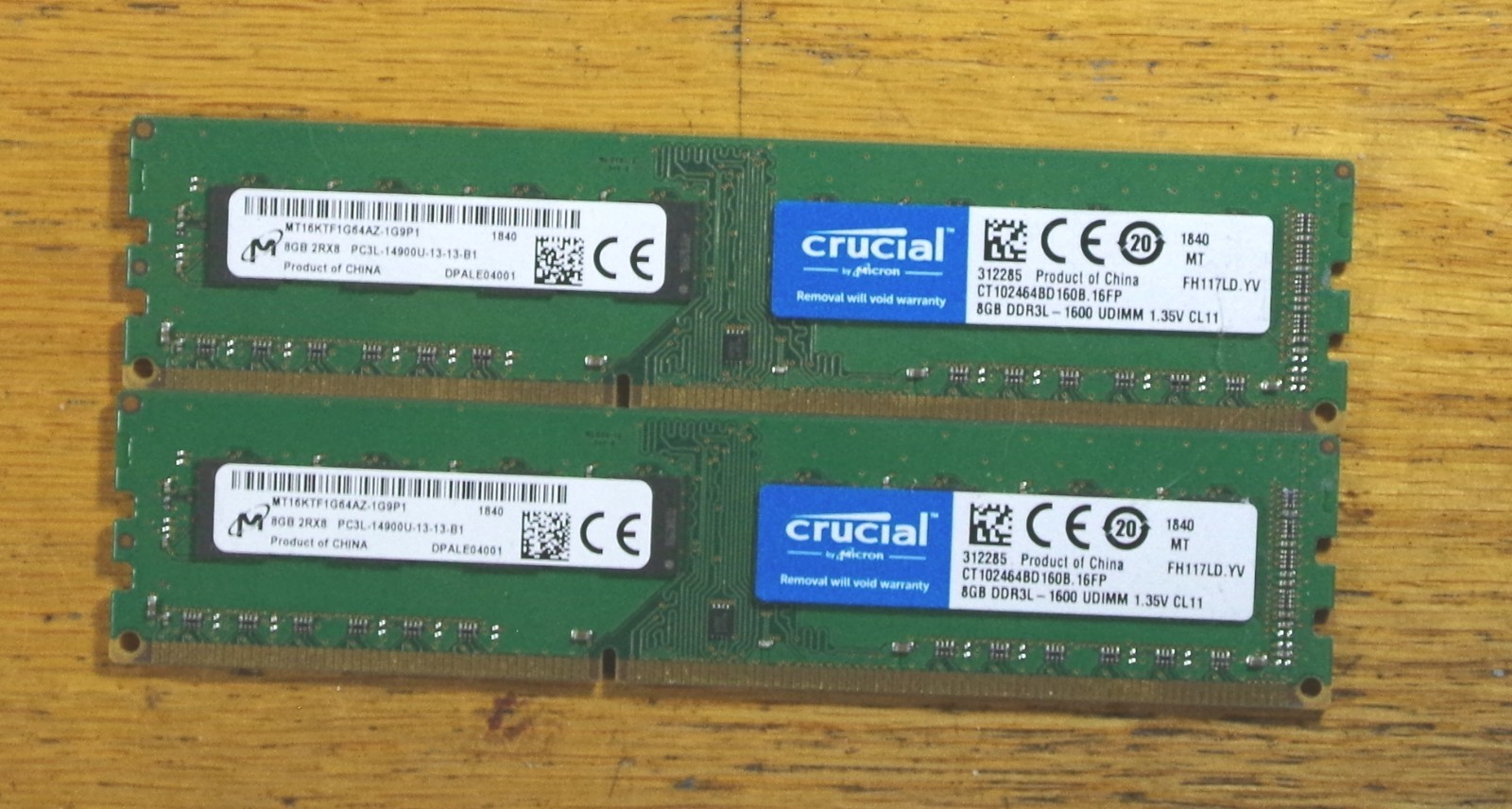 TWO – Micron 8GB PC3L-14900U Desktop Memory – Crucial MT16KTF1G64AZ-1G6P1