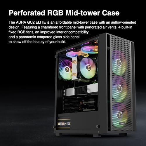 ATX Mid Tower Computer PC Case with Tempered Glass, 4X 120mm ARGB AURA GC2 E A