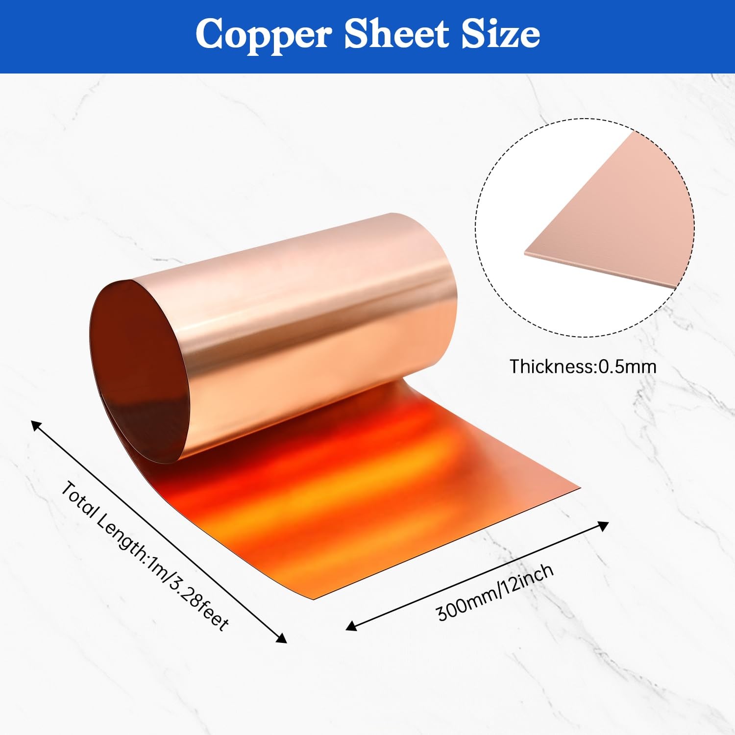 Pure Copper Foil Roll, 0.5mm Thickness x 300mm Width x 1M Length, 99.9% Copper S