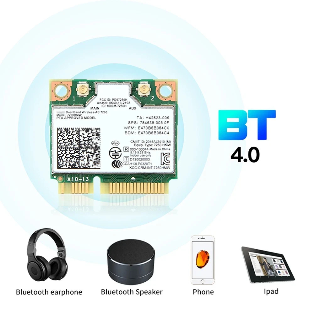 Intel 7260HMW Dual-Band Wireless-AC Card, 802.11ac WiFi + Bluetooth 4.0 for PC