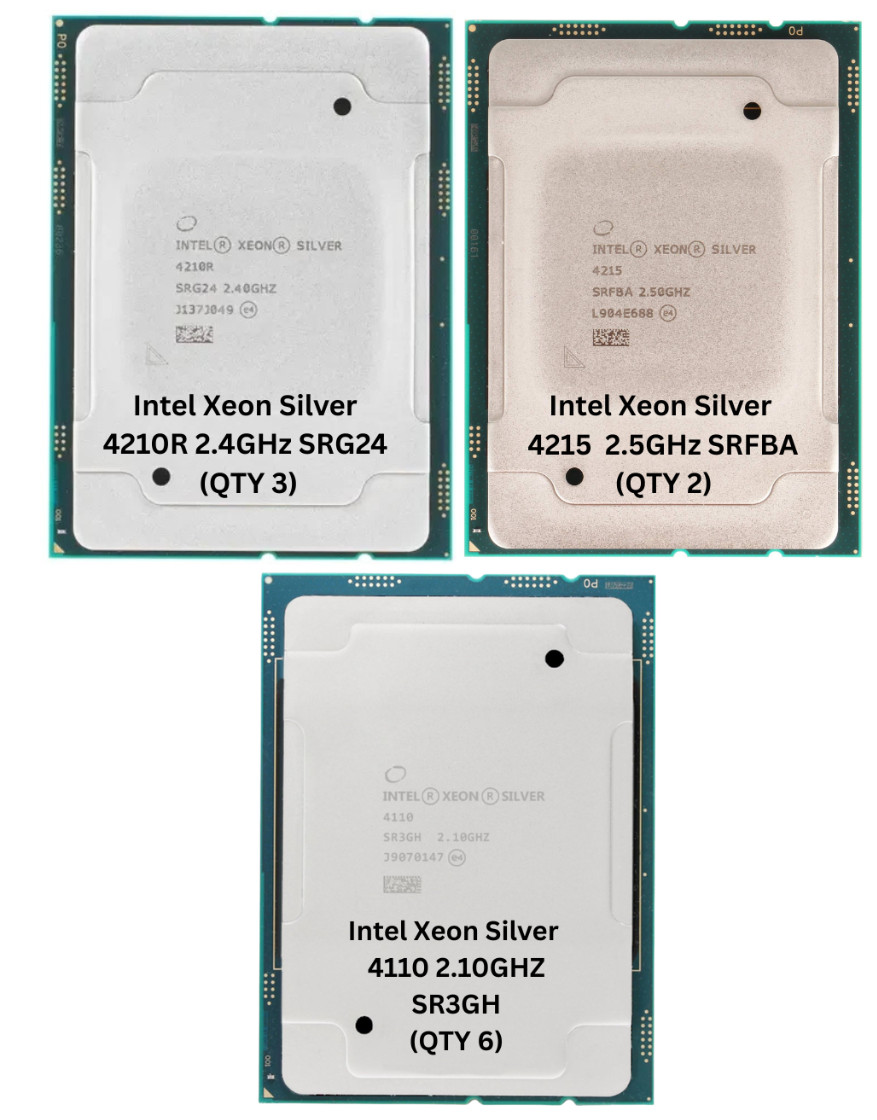 Lot of 11 CPUs – Intel Xeon Silver 4210R SRG24, 4125 SRFBA, 4110 SR3GH Processor