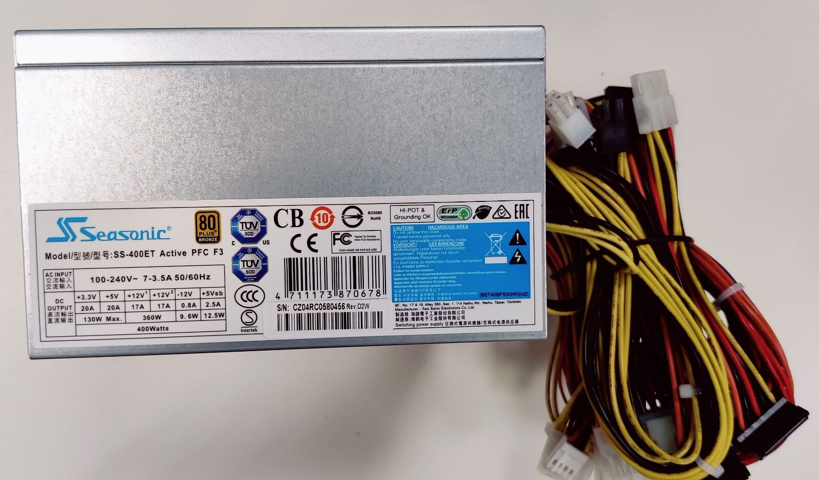Seasonic ATX SS-400ET Active PFC F3 400W Power Supply, New