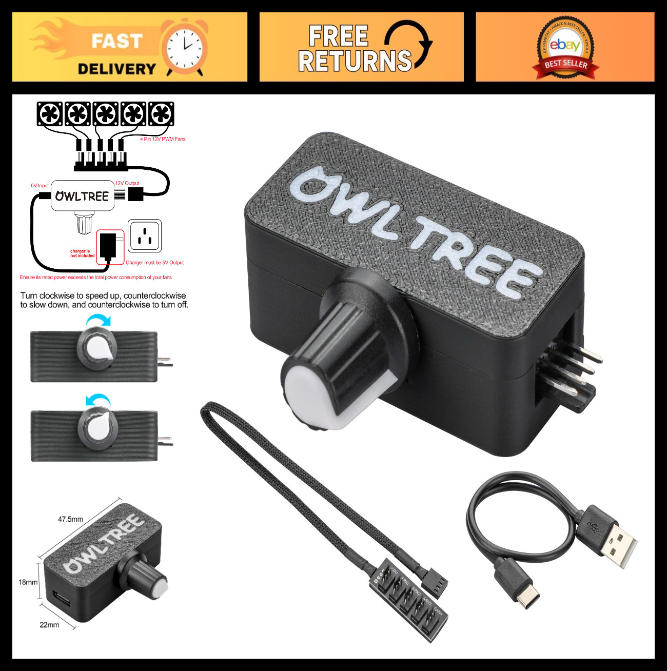 12V PWM Fan Controller with USB Power Cable & 5-Way Splitter Hub, 1.5A Output