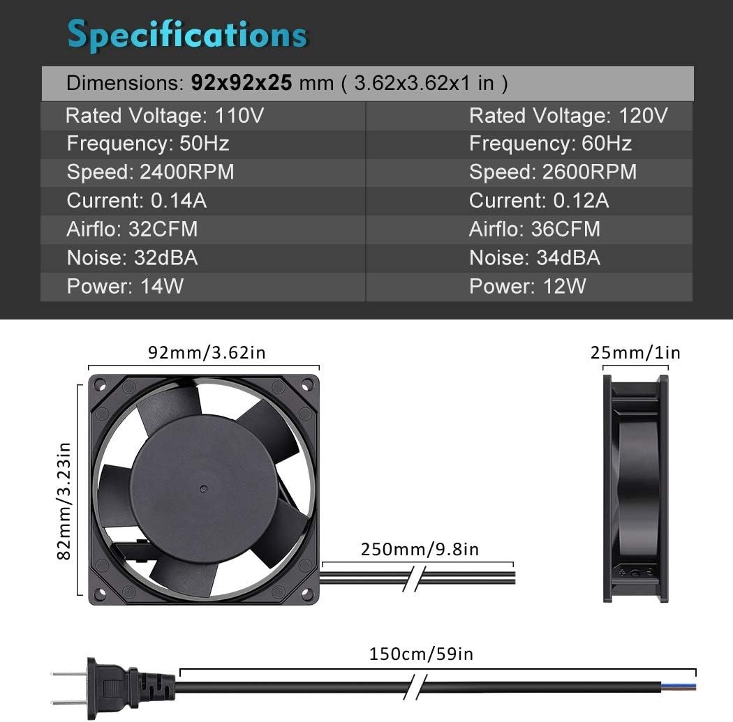 AC Power Axial Fan 110V 120V 92mm 90mm x 25mm Dual Ball Metal for DIY Ventila…