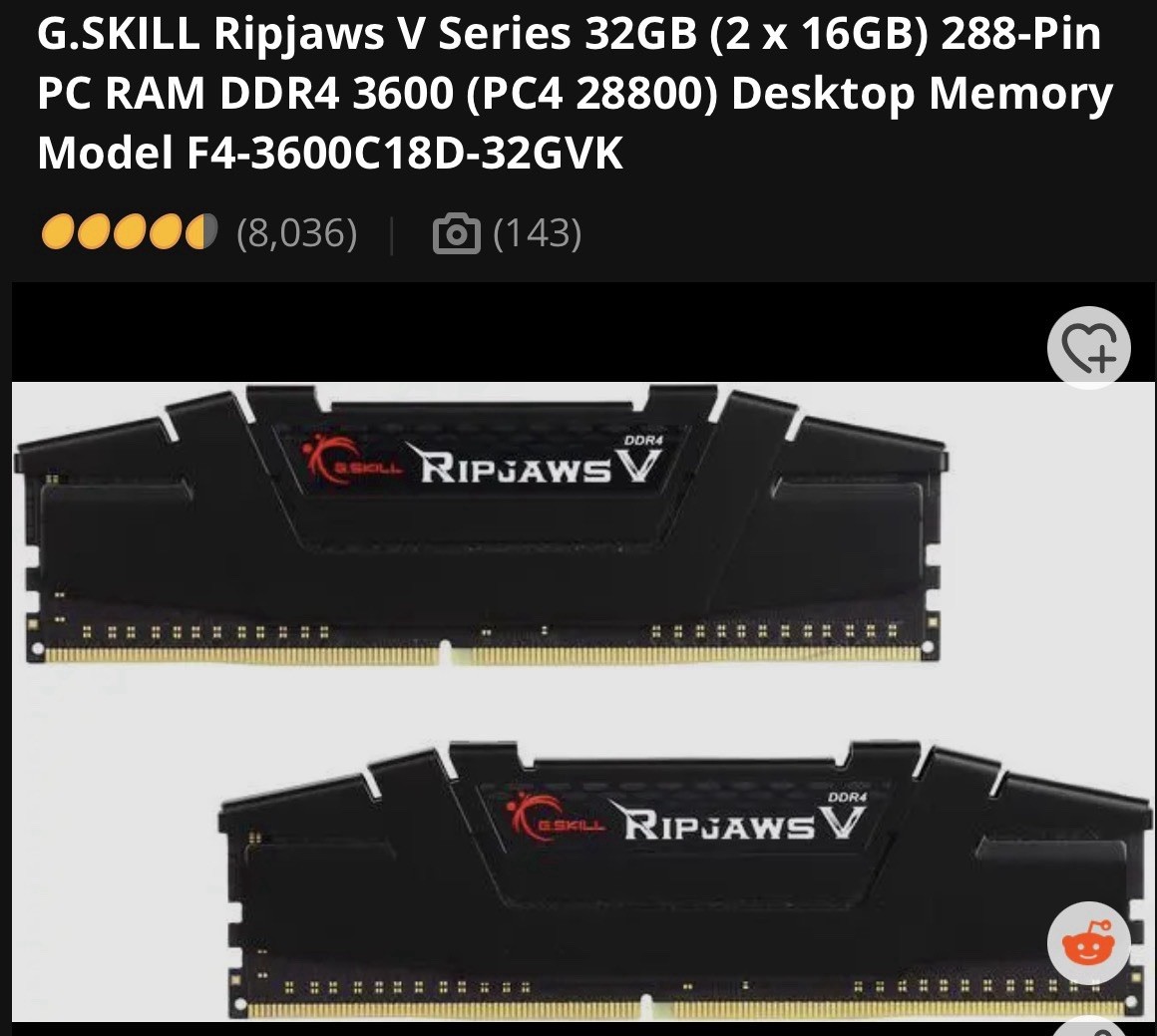 G. SKILL Ripjaws V 32GB (2 x 16GB) (DDR4-3600) Memory (F43600C18D32GVK)