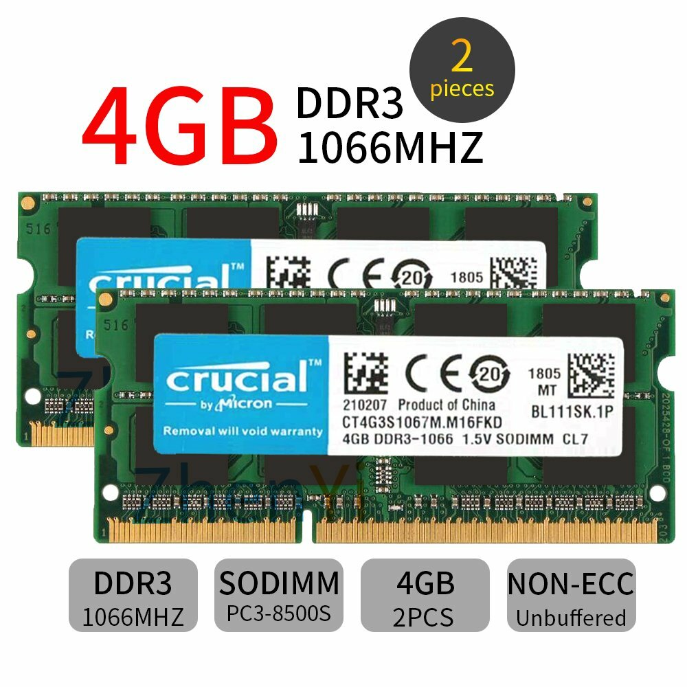 8GB 2x 4GB / 2GB DDR3 1066MHz PC3-8500S 1.5V SO-DIMM Laptop RAM For Crucial Lot