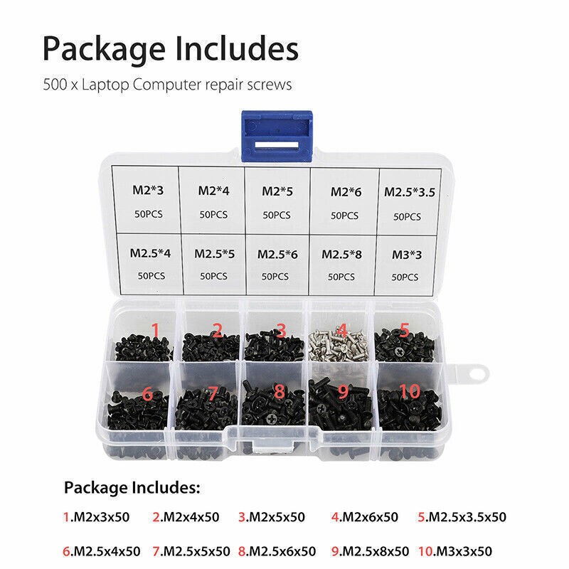 500pcs 10-Size Universal Laptop Computer Tablet M2 M2.5 M3 Screws Assortment Kit