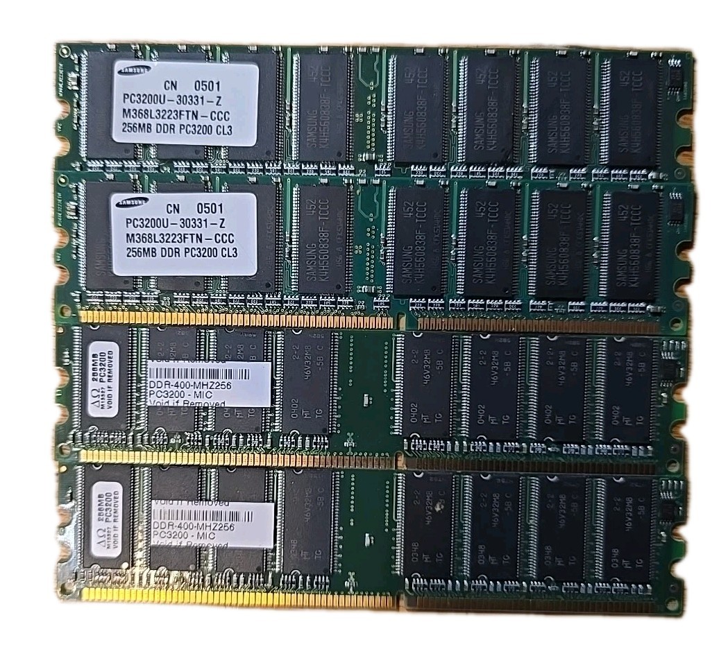 Lot of 4 DDR PC3200 Desktop RAM Modules Samsung/Micron 256MB DDR-400 1GB Total