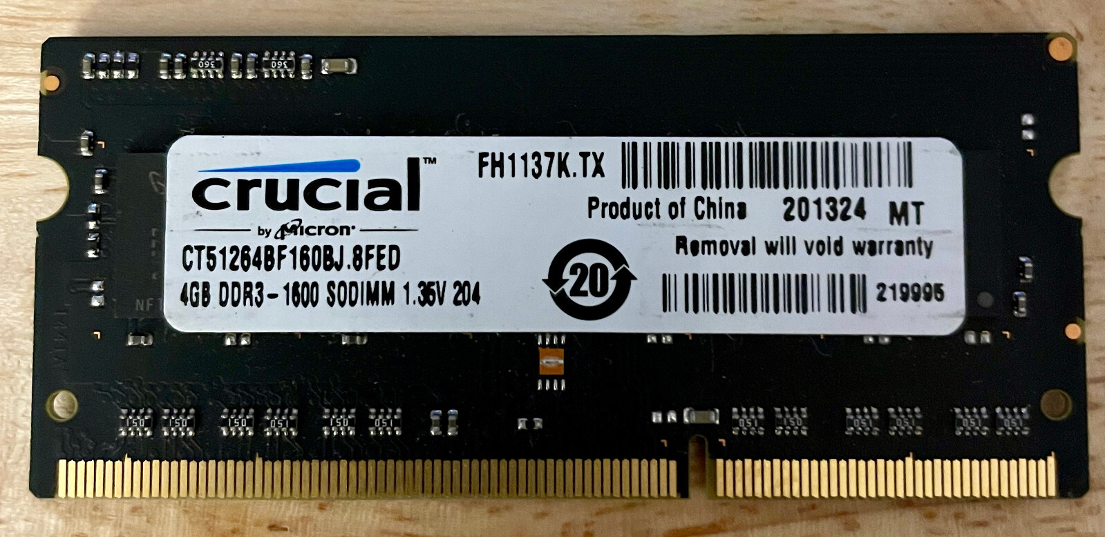 CRUCIAL 4Gb RAM MEMORY DDR3 1600 SODIMM 1.35V CT51264BF160BJ.8FED — TESTED
