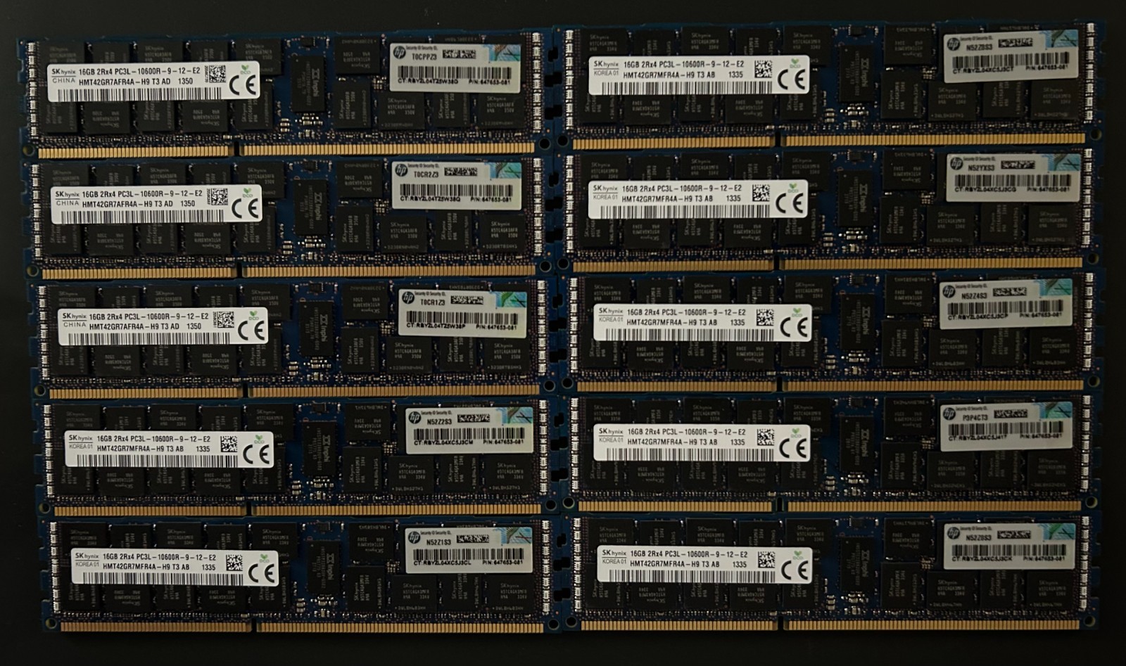 LOT (10) HPE 647653-081 16GB PC3L-10600R 2Rx4 ECC DDR3 Server Memory Dual Rank