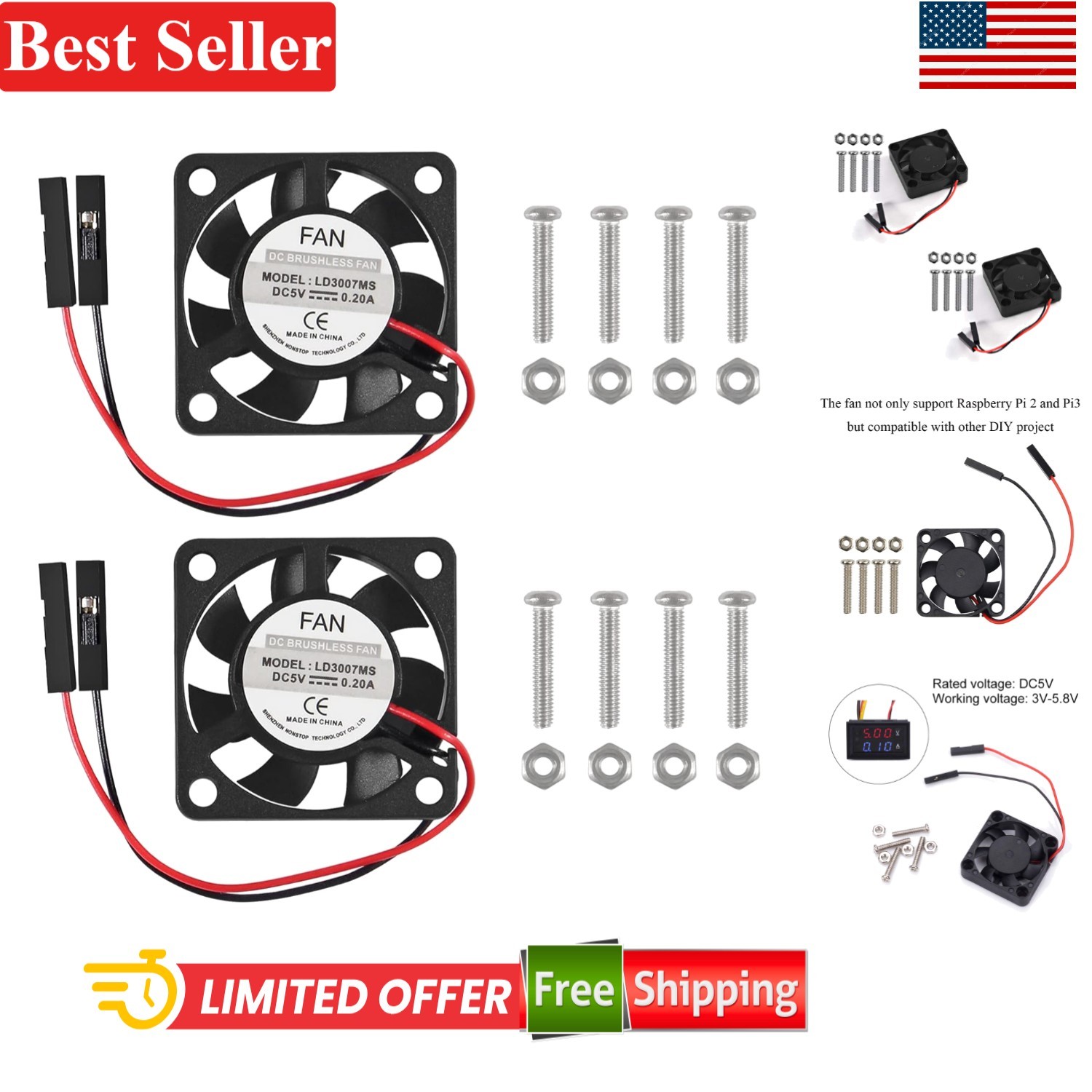 Raspberry Pi Fan 2 Pack 3.3V/5V Brushless Cooling Fan for Pi 4 3 2 Zero W wit…