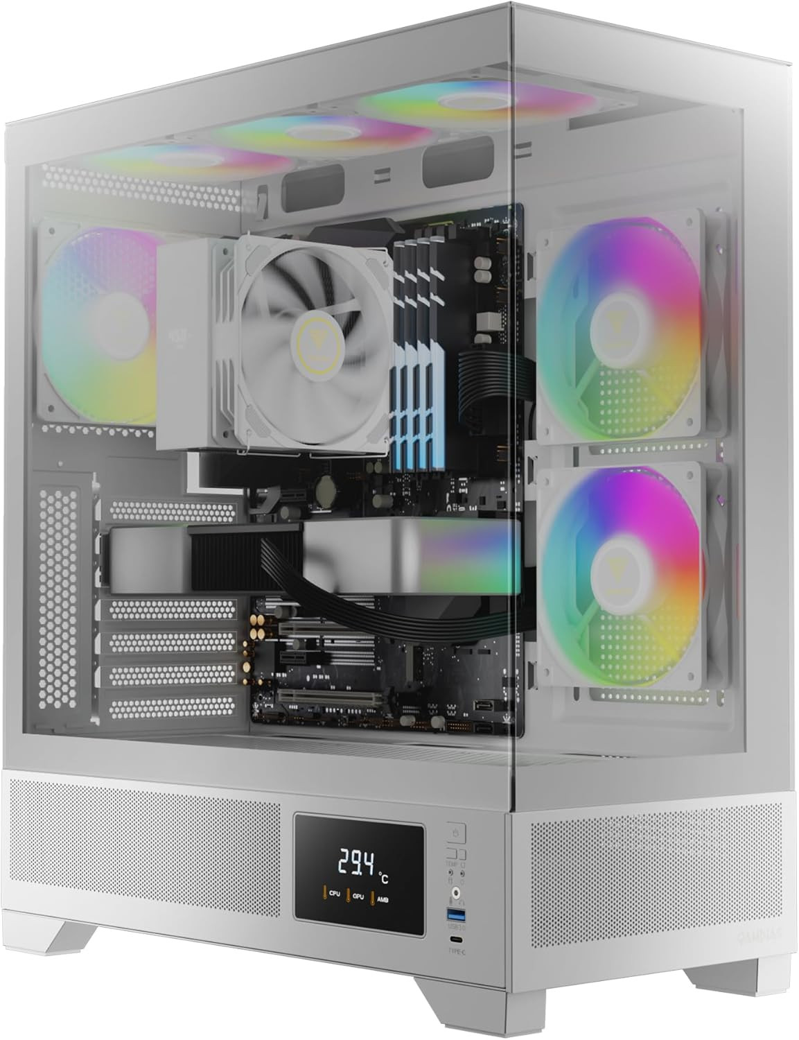 White Mid Tower Gaming Computer Case W/Display& App, ATX Tempered Glass PC Case,
