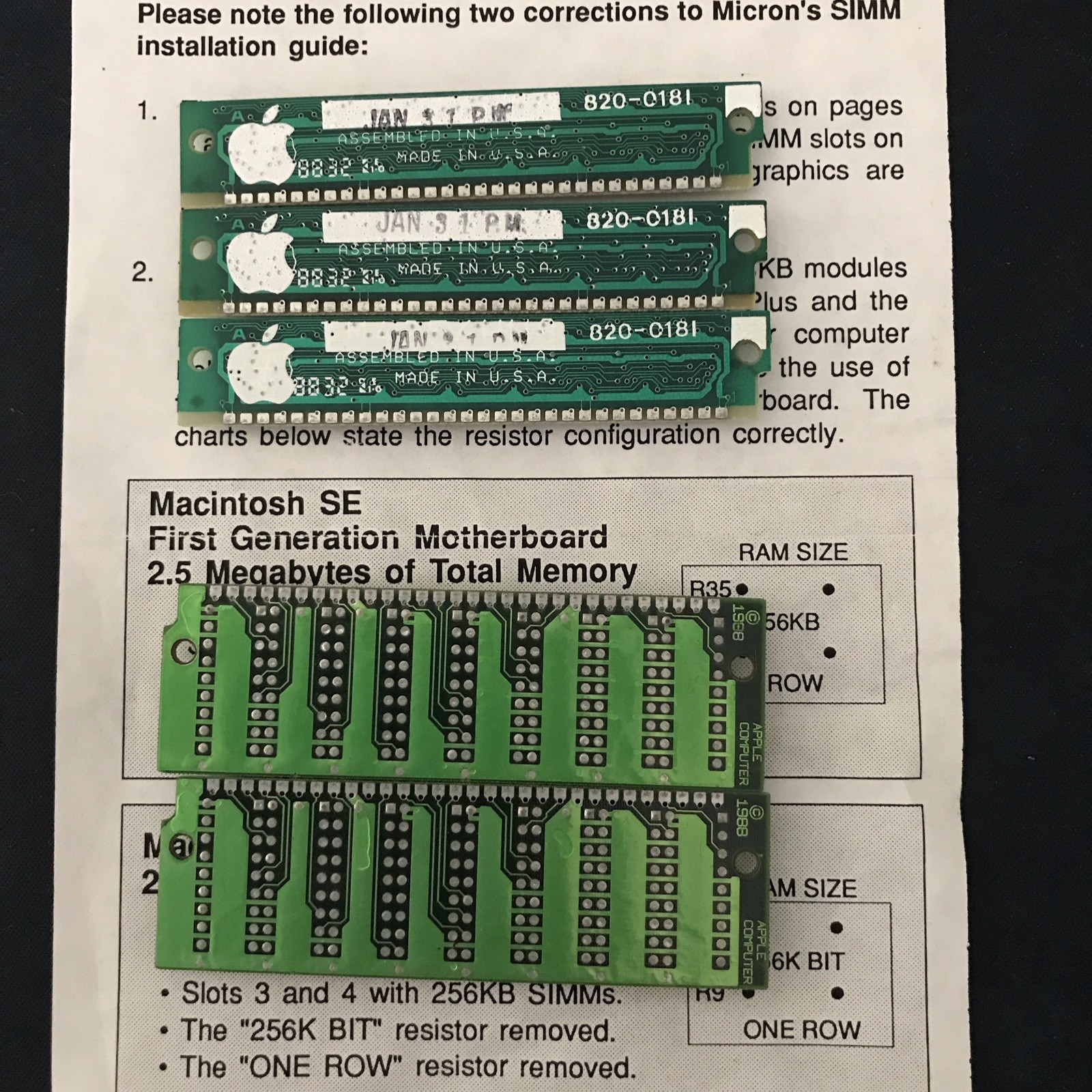 Apple 820-0251-01 256KBx8 120NS 30-pin DRAM SIMM for Mac Plus & SE (set of 6)