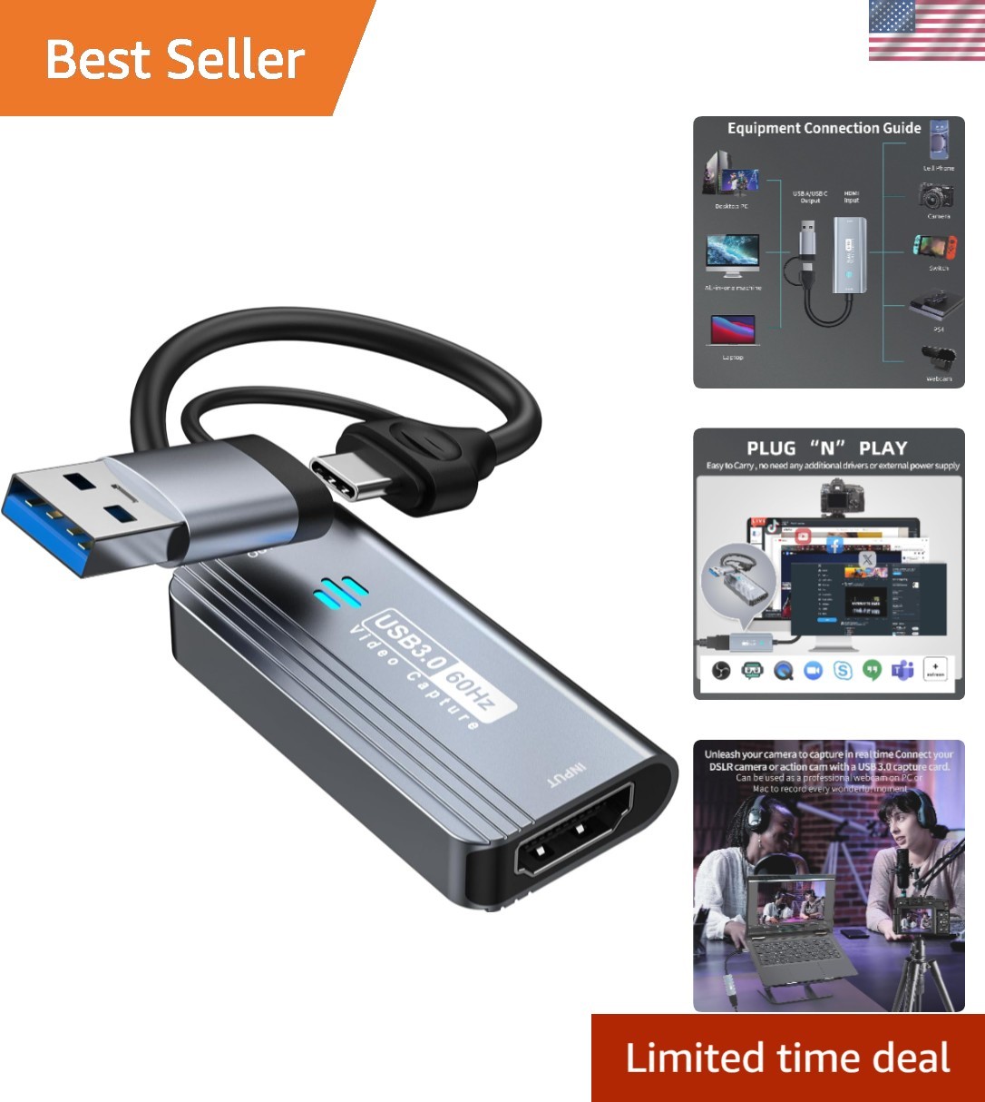 Video Capture Card, 4K HDMI to USB/USB C 3.0 Capture Card, 1080P 60FPS Video …
