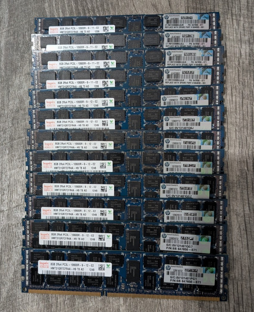 LOT OF 12-SK HYNIX 8GB 2RX4 PC3L-10600R SERVER RAM HMT31GR7CFR4A-H9