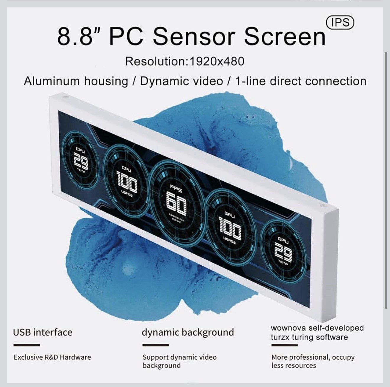 TURING Smart Screen – 8.8 Inch, IPS Panel, 1920×480, USB-C, PC Case Screen