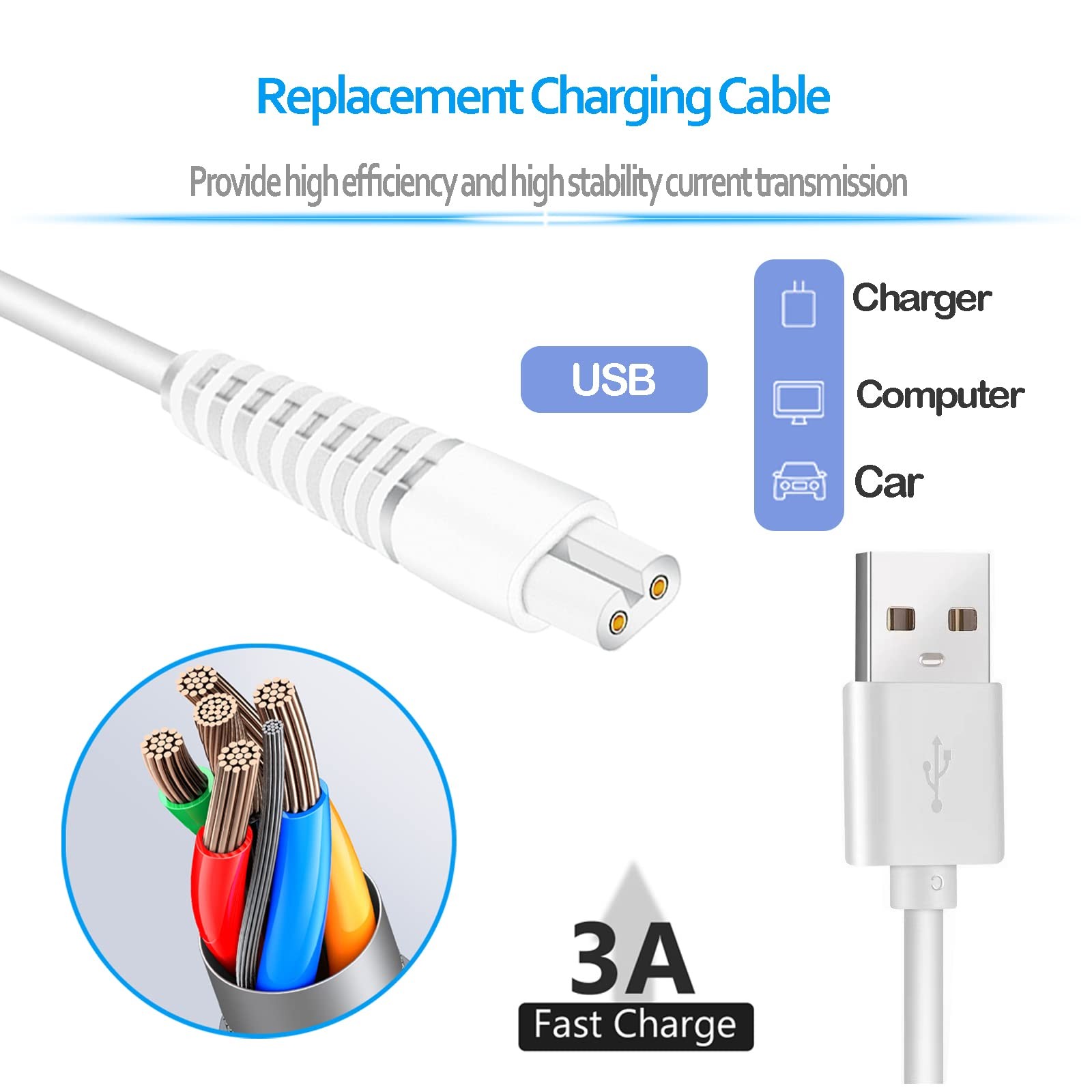 Charging Cable Replacement for Flawless Legs 1 Count (Pack of 2), White