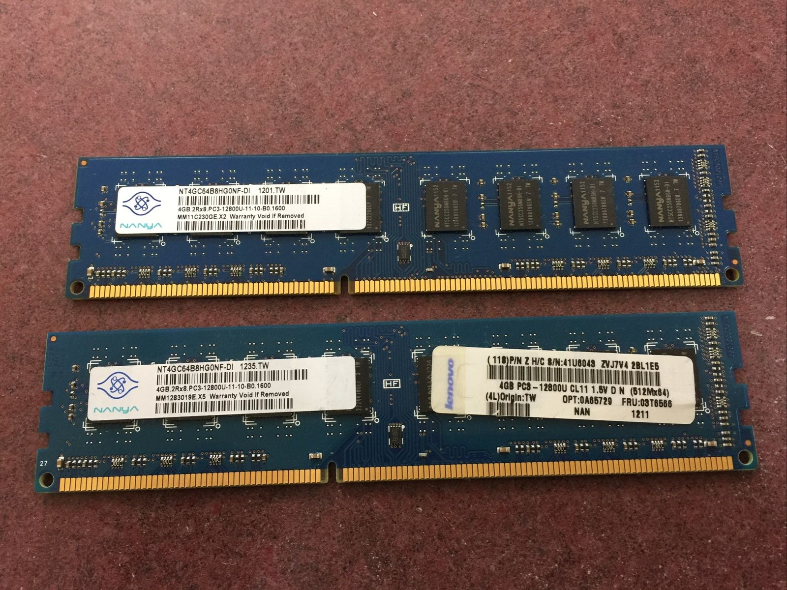 LOT OF 2 — Nanya 8GB (2x4GB) 2Rx8 PC3-12800U DDR3-1600 Desktop Memory RAM