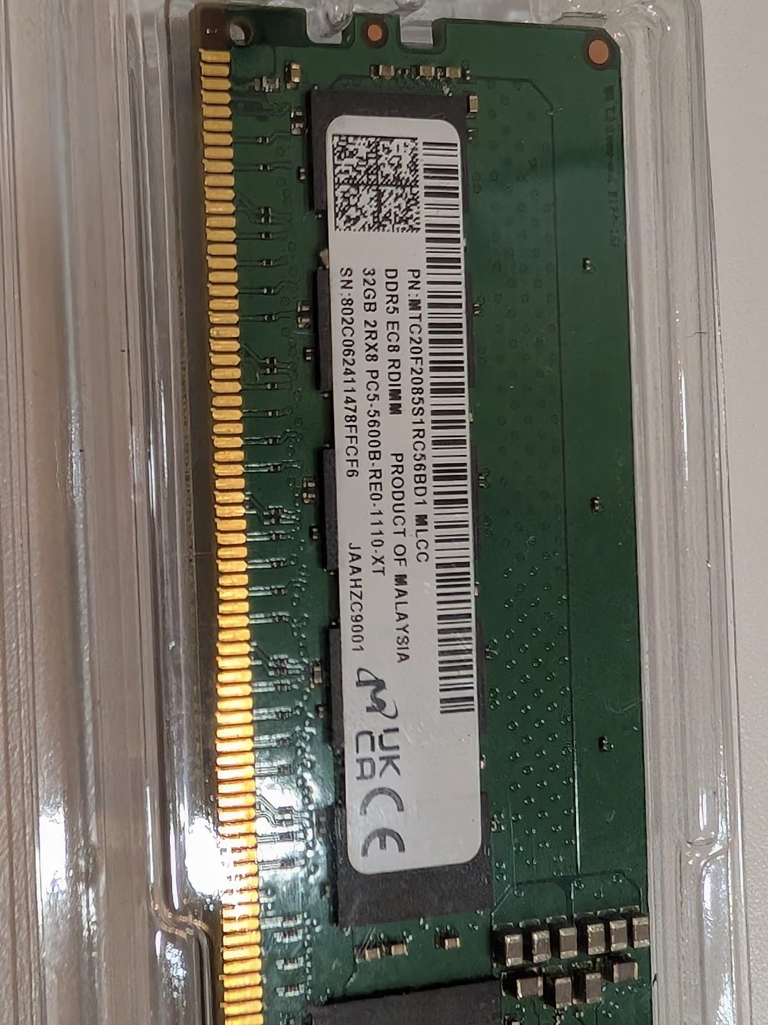 Micron 32GB 1x32GB DDR5 5600 CL46 2Rx8 RDIMM ECC Server Memory