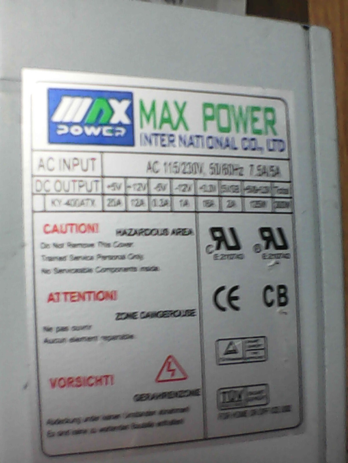 MAX POWER 300W COMPUTER Power Supply AC115/230V,50/60Hz 7.5A/5A