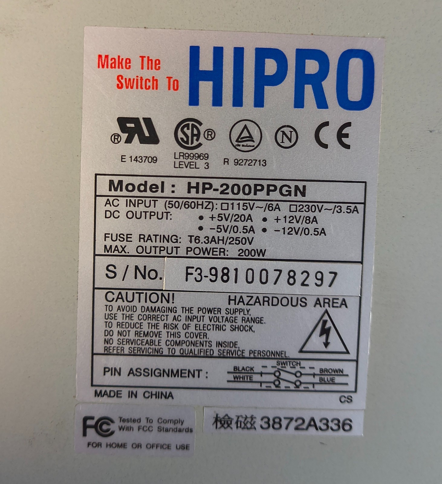 HiPro HP-200PPGN 200W AT Power Supply w./ Power Switch – Tested Working