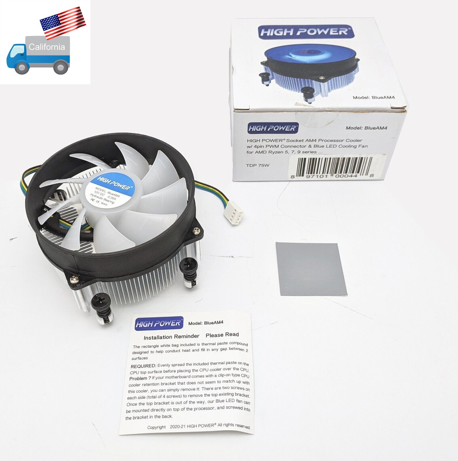 HIGH POWER® BlueAM4 AMD Ryzen Socket AM4/ AM5 PWM CPU Cooler Fan w/ Thermal Pad