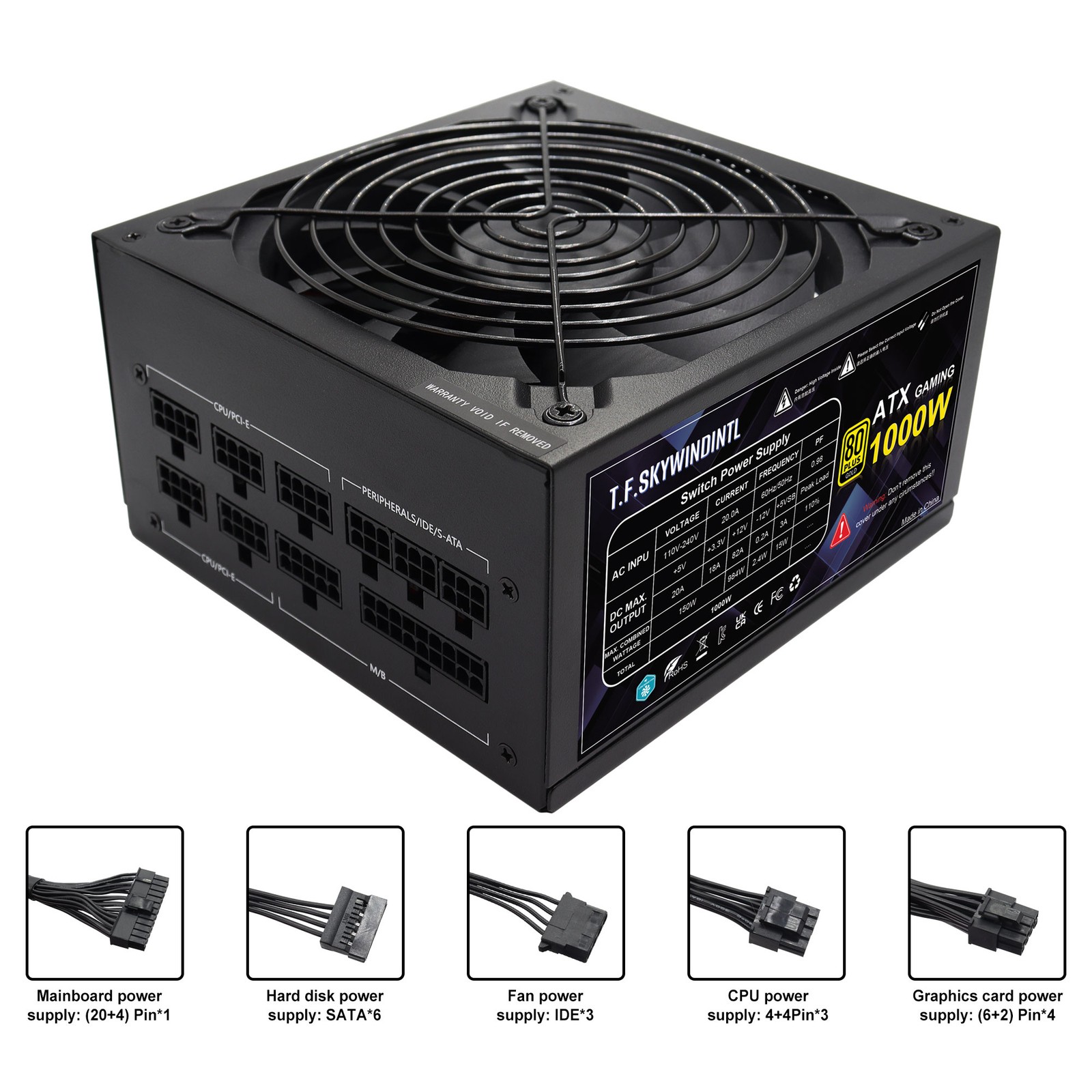 1000W Modular Power Supply 80+ Gold Gaming ATX PSU, ATX 3.0, Active PFC