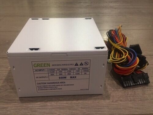 BRAND NEW–Green 650w-Max WHITE 12cm Fan ATX Power Supply 20+4Pin, SATA & PCIe