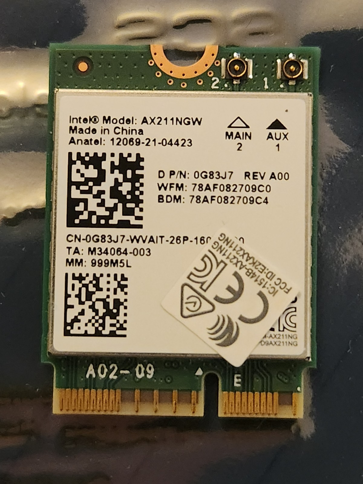 Intel Wi-Fi 6E AX211NGW M.2 2230 CNVio2 Key E 802.11ax Card D P/N 0G83J7 Laptop