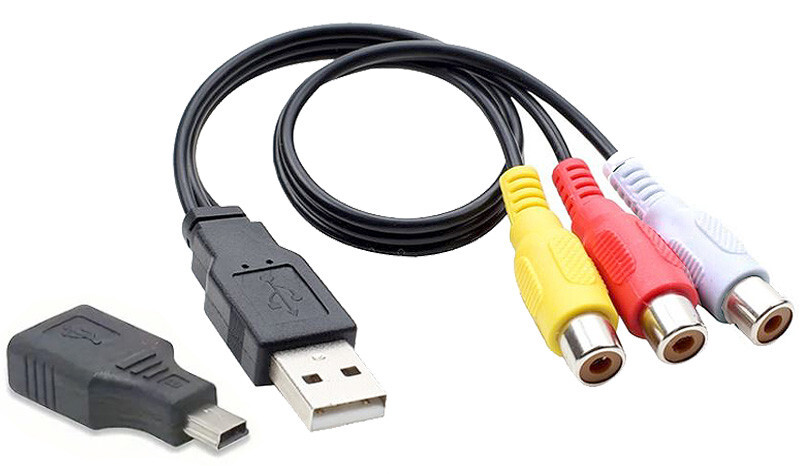 USB Mini Male To 3 RCA Composite Video Audio Adapter Cord TV Stick Video Capture