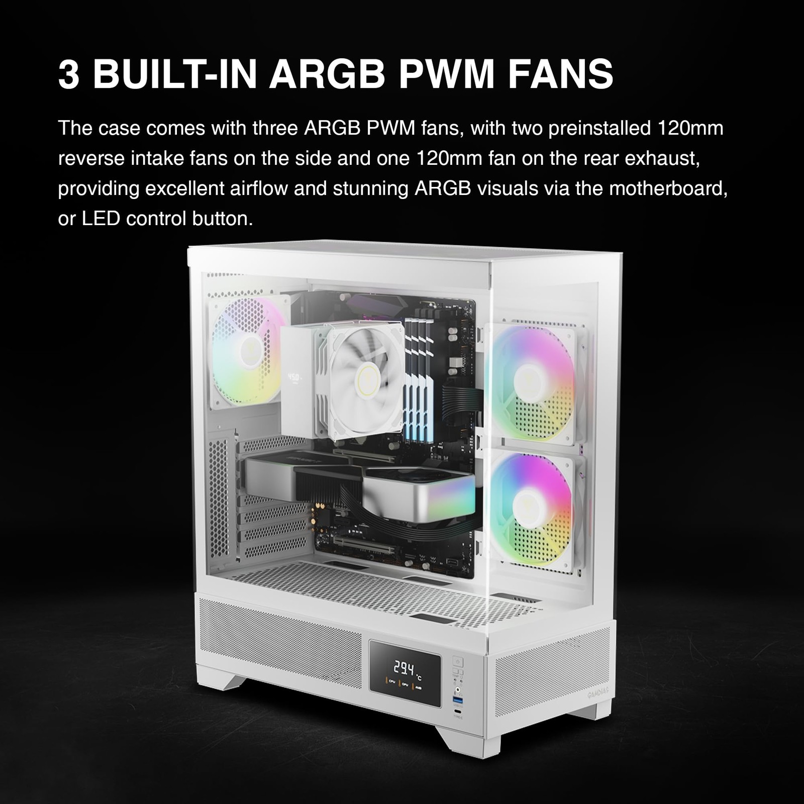 GAMDIAS White Mid Tower Gaming Computer Case w/Display& App, ATX Tempered Gla…