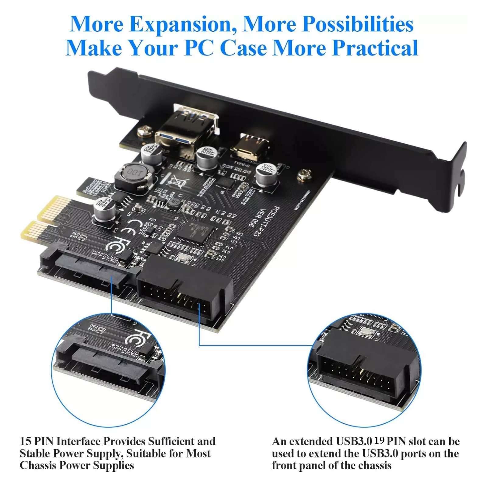 PCI-E to USB 3.2 Gen1 5Gbps 19PIN Expansion Card Adapter 2 Port Type C & Type A