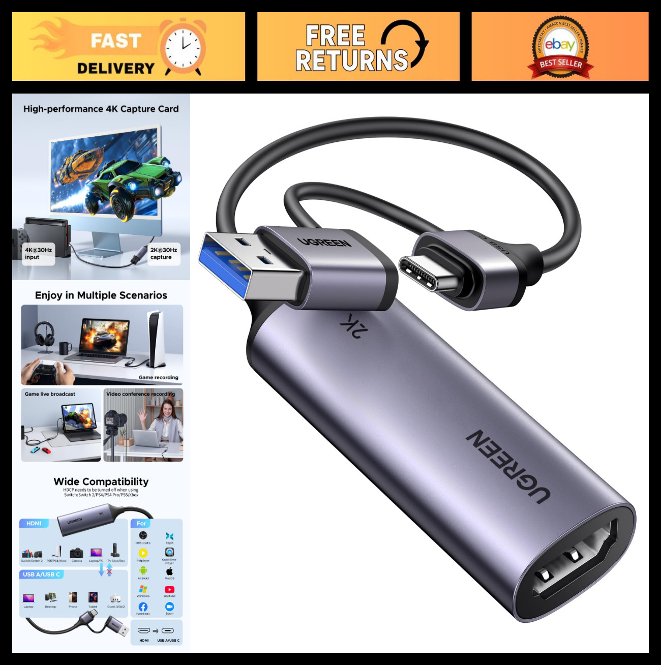 2K 30Hz Video Capture Card HDMI to USB 3.0 & USB-C, Low Latency for Streaming &