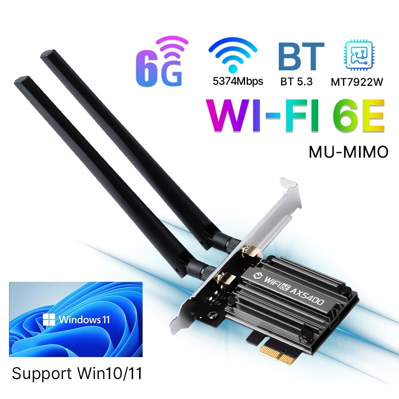 WiFi 6E AX5400 Tri-band 802.11ax Bluetooth 5.3 MT7922 Desktop PCIE Wireless Card