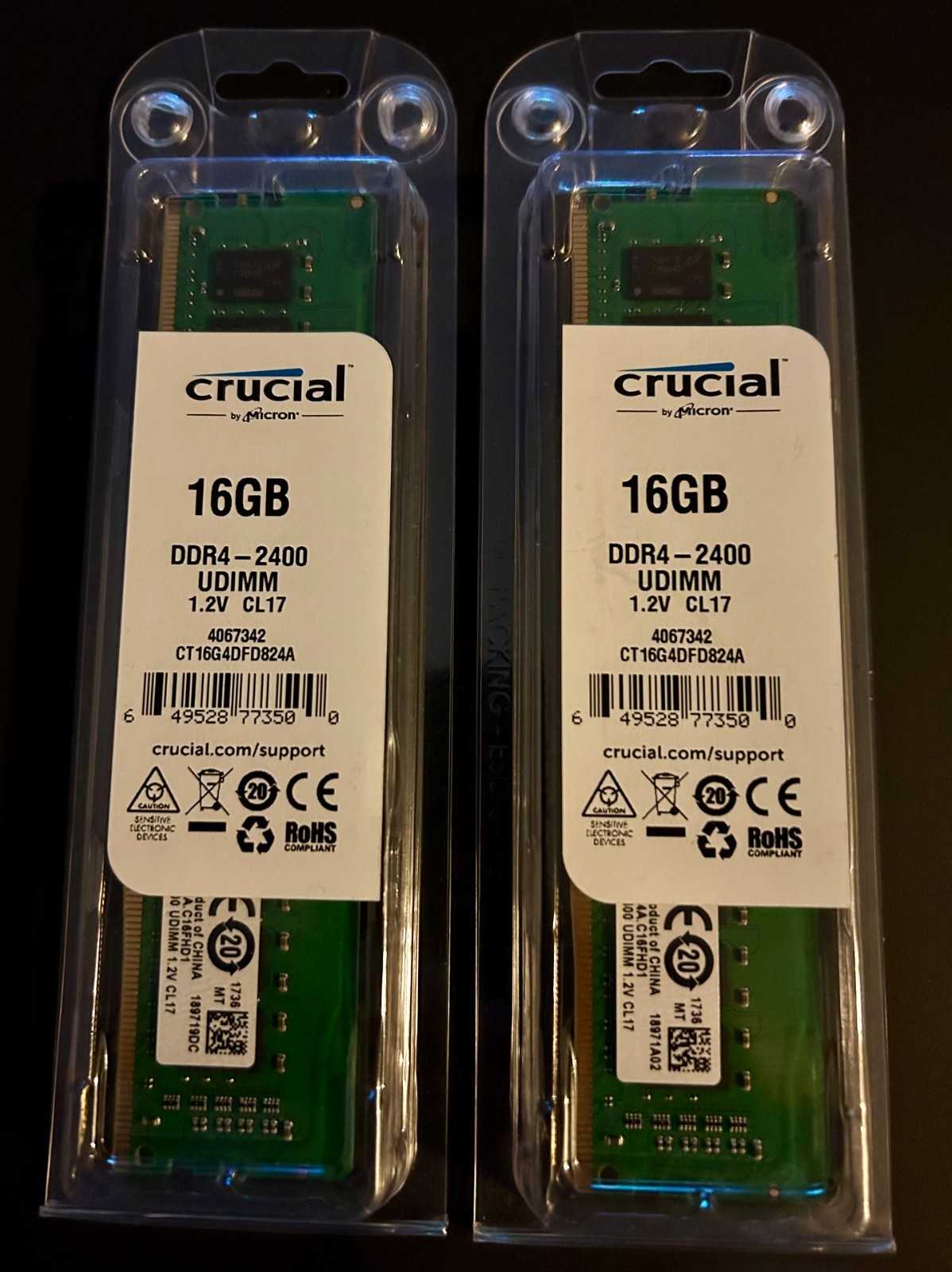 Crucial 32GB KIT PC4-19200 DDR4-2400MHz non-ECC Dual Rank Memory (CT16G4DFD824A)