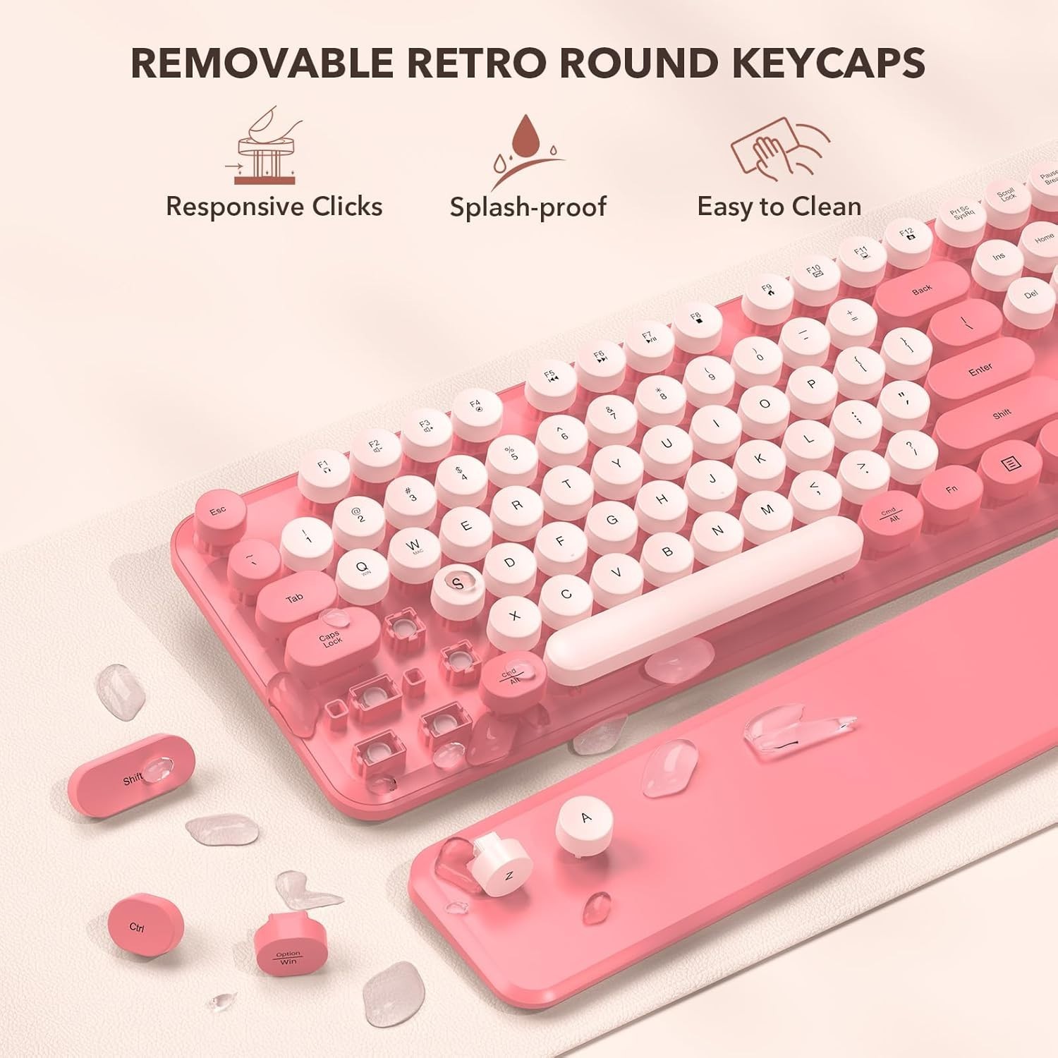 Pink Wireless Keyboard Mouse Combo Retro Typewriter Round Keys Wrist Rest