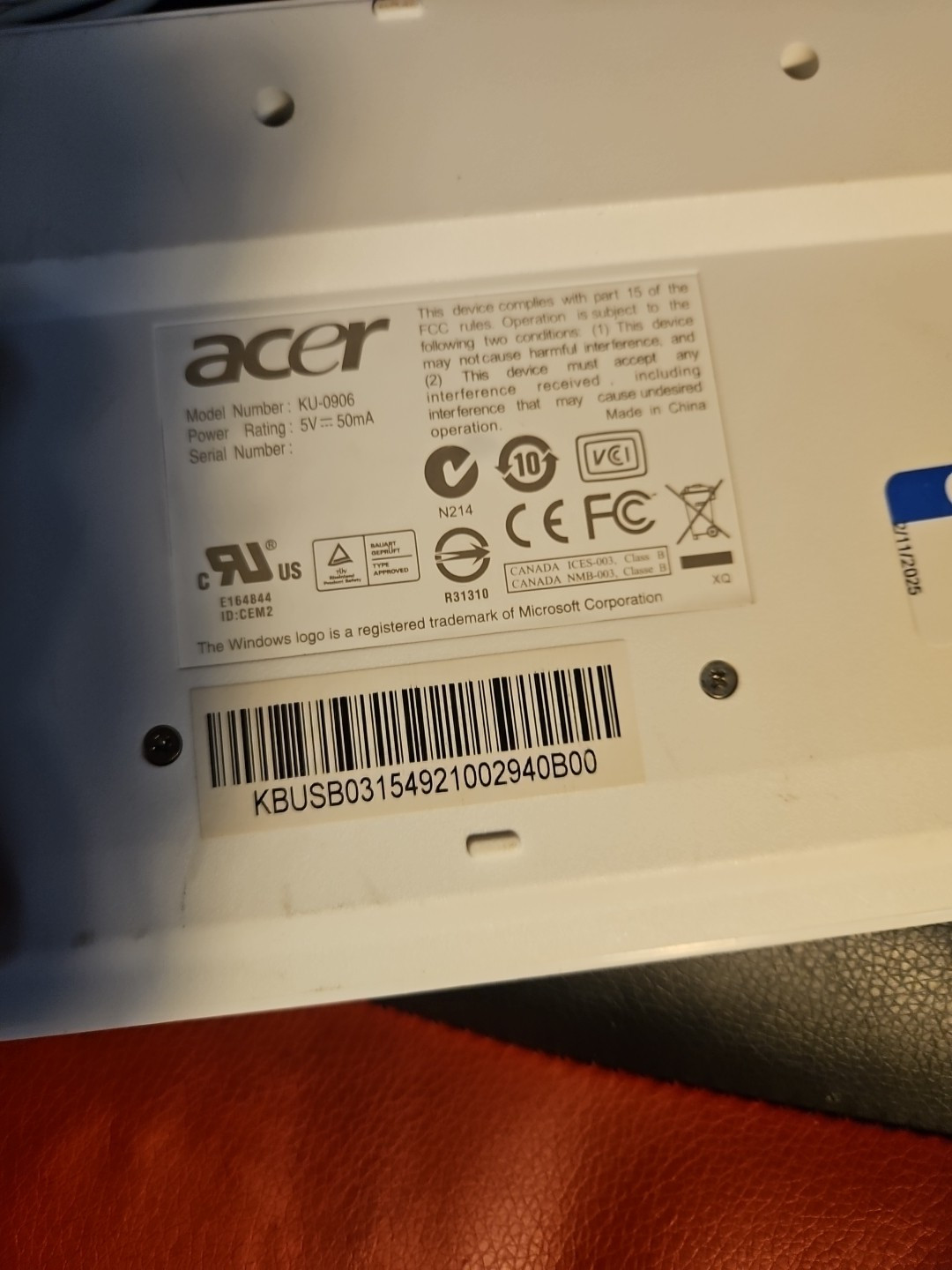 ACER White Windows Mini Keyboard Model KU-0906 USB Wired 12.5″ X 5.5″
